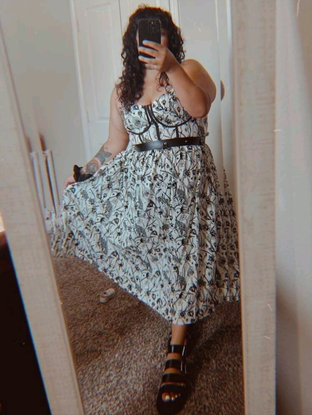Floral Print Bustier Midi Dress in Black and Cream
